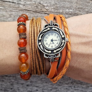 Orange Boho Watch Leather Hipster Wristwatch Vintage Watches for Women for Her B-day Gift for Woman