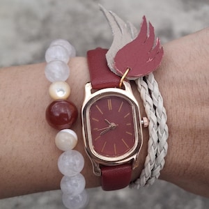 Red Watches for Women Boho Leather watch Feather Pendant