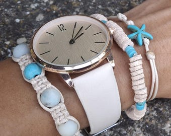 Boho Leather Watch with Starfish & Turquoise Bracelets Beige Beach Watch Gift Set for Women Summer Quartz Watch