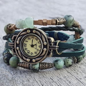 Green Leather Watches for Women Boho watch Vintage Wristwatch