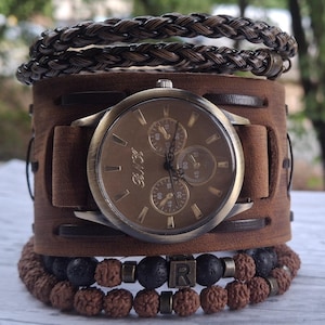 Men’s Vintage Leather Cuff Watch Set – Boho Bracelet Watch Gift for Him, Brown Steampunk Wristband with Rustic Beads