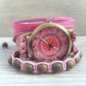Mandala Watch Pink Boho Watch Bracelet Pink Watch Mandala Accessories Gift for Woman Ethnic Watch Kaleidoscope Watch for Woman Xmas Gift