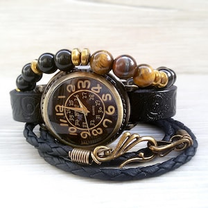 Black Hipster Watch Bracelet Black leather Cuff Watch Stone Boho Wristwatch Woman Vintage Watch Cow Leather Watch for Woman Gift For Her