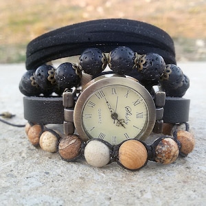 Boho Watch for Women Black Leather Watch Vintage Watch Bohemian Watch bracelet Hippie Wrist Watch for Her Gift For B-day Boho Gift For Woman