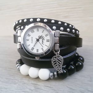 ブラック ボヘミアン ウォッチ ブレスレット レディース リストウォッチ ブラック レザー ラップウォッチ レザー ヒップスターウォッチ 女性へのギフト 彼女への誕生日プレゼント 奥様へのギフト