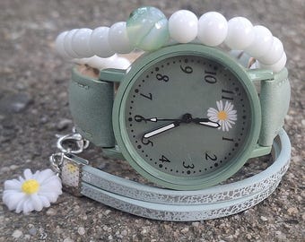 Mint Green Watches for Woman Boho Daisy Bracelets Set