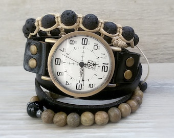 Negro Boho Reloj pulsera Wrap Watch Mujer reloj de pulsera Hipster Reloj de cuero negro marrón Reloj de dos envolturas para su regalo para mujer