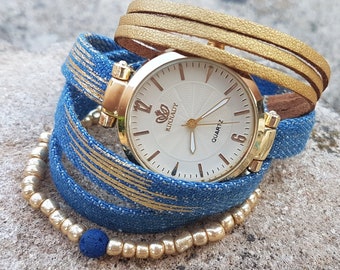 Blaue Wickeluhr Armband Gold Armbanduhr Denim Uhr Boho Geschenk für Frauen Elegante Uhr Weihnachtsgeschenk für Sie