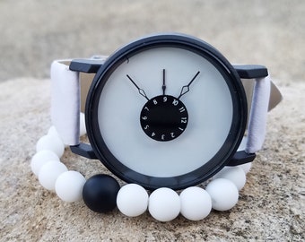 Black and White Watch Modern Bracelet Minimalist Watch for Her Xmas Gift
