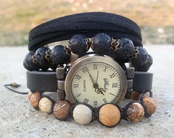 Black Bohemian Watches for Women Leather Vintage Watch Boho chic Wristwatch