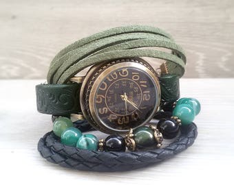 Grüne Boho Uhr Boho Uhr Armband Damenuhr Grüne Armbanduhr echt LederUhr Hipster Uhr Vintage Schmuck für Frau Geschenk