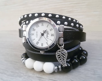 Schwarze Boho Uhr Armband Damen ArmbandUhr Schwarz Leder Wickeluhr Leder Hipster Uhr für Frau Geschenk für Sie Geburtstag Geschenk für Frau