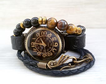 Black Hipster Watch Bracelet Black leather Cuff Watch Stone Boho Wristwatch Woman Vintage Watch Cow Leather Watch for Woman Gift For Her