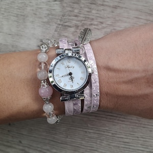 Pink Leather Wrap Watch with Rose Quartz Beads, Boho Bracelet