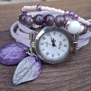 Purple Amethyst watch bracelet Leather Wrap Watch Boho Chic Wristwatch for Women