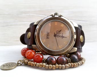 Cuff Watch for Men Leather Vintage Watches for Women Brown Leather Watch Hipster Gift for Groom Watch bracelet Boho Men Watch Unisex