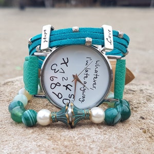 Blue watch menta color I&#39;m late watch Funny gift for woman Who cares Watch for Ladies Birthday Gift For Her Boho style Wrist Watch