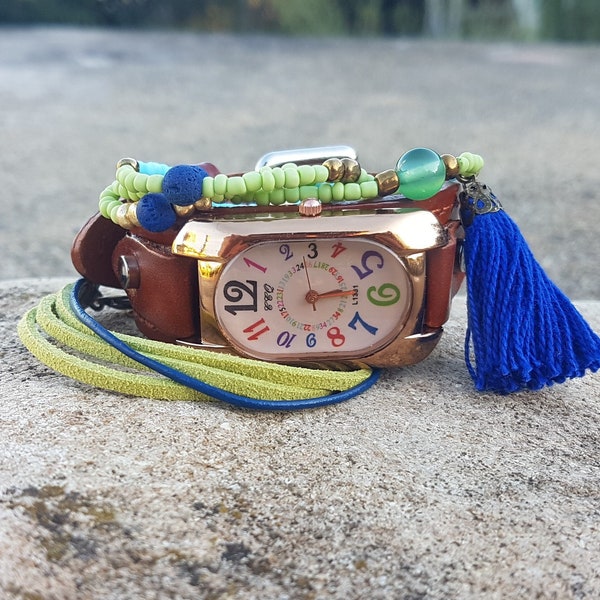 Montre Boho pour femmes montre-bracelet hippie marron montre unisexe colorée pour hommes montre boho multicolore rectangle