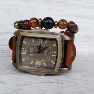 Brown Cuff Watch for Men Hipster Watch Mens Boho Watch Brown Leather Watch for Groom gift for Men Cuff Watch Bracelet Watches for Women