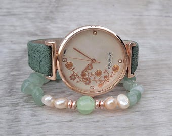 Green Boho Luxe Watch Aventurine Pear Bracelet Rose Gold Floral Watch