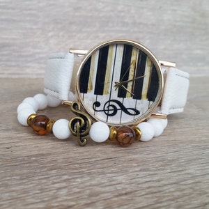 Music Woman&#39;s Watch Gift for Musician Watch Bracelet Music Jewelry Boho Wristwatch White Leather Watch Music Lover gift Music Teacher Gift