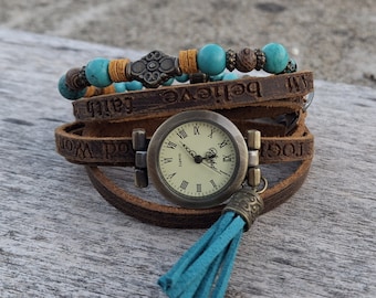 Brown boho watches for Women Wrap Hippie watch Embossed Leather Bracelet