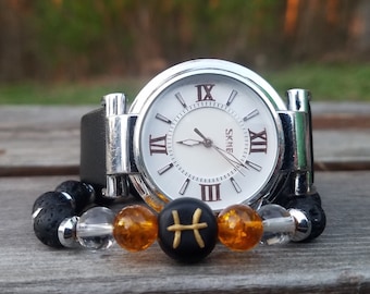 Leather Black Watch for Women Custom Zodiac Jewelry Wristwatch Boho gift