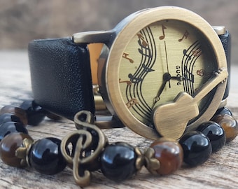 Music Watch Gift for Musician – Guitar Wrist Watch with Bracelet – Vintage Music Notes Jewelry – Gift for Him – Music Lover Accessory