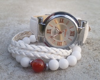 Orologio minimalista bianco per donna, orologio da polso classico in pelle, regalo boho per donna