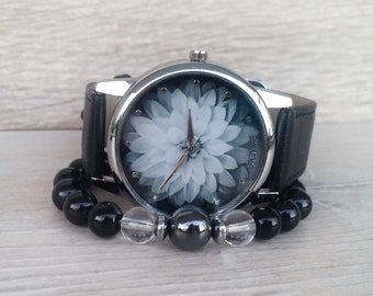 Lotus Flower Watch Black Leather Yoga Watches Meditation gift