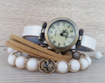 White Leather Watches for Women Hipster Boho Wristwatch Small Classic Watch