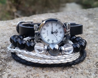 Zwarte leren horloges voor dames Boho Luxe horlogearmband Cadeau voor moeder Sieraden