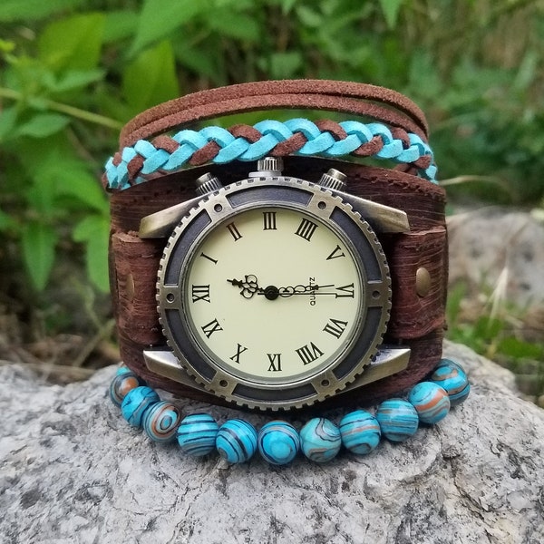 Boho Watch Brown Watch Unisex cuff Watch Montre Femmes Montres pour Hommes Montre Boho Pour Hommes Cuir Manchette Montre Marron Hipster Montre