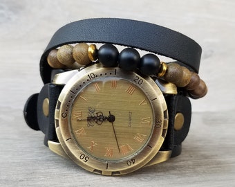 Montre manchette noire montres Hipster pour hommes montre-bracelet Boho montres manchette en cuir noir pour femmes montre unisexe Boho cadeau pour lui cadeau d'anniversaire