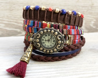Bohemian watch bracelet Colorful wristwatch Wrap Boho watches Multicolor Rainbow bracelet