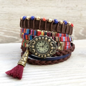 Bohemian watch bracelet Colorful wristwatch Wrap Boho watch Multicolor Boho Watch for Woman gift Boho Rainbow Watch Brown Red Watch