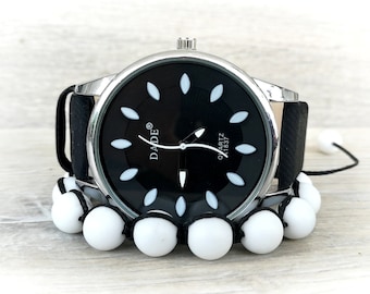 Relojes de cuero negro para mujer Reloj minimalista bohemio con pulsera de ágata