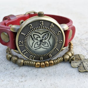 Red Leather Watch Woman Lucky Watch for Women Orange Boho Watch Clover Wristwatch for Women Gift for Ladies for bracelet Boho style watch