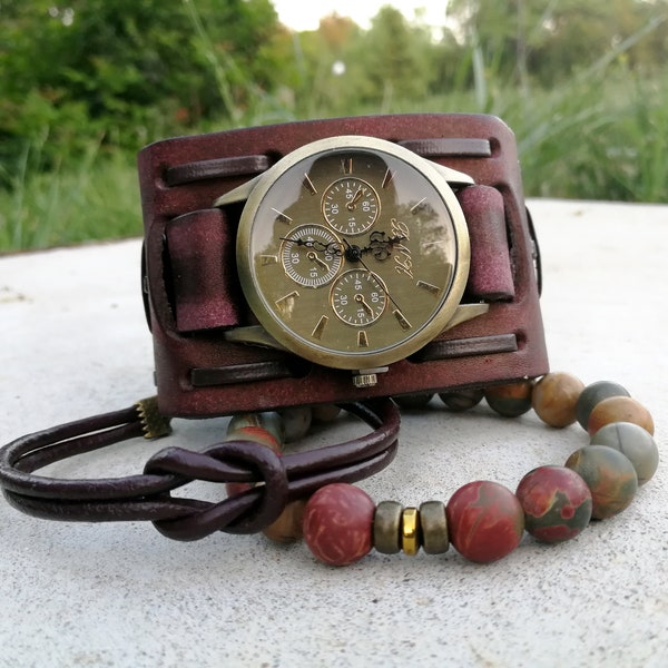 Bruin lederen horloge manchet horloge armband bruin hipster horloge voor mannen Boho horloge vrouw cadeau unisex horloge voor hem lederen manchet horloge