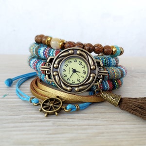 Blaue Wickeluhr Armband Blau Boho Armbanduhr Boho Uhr Boho-Stil Geschenk für Frauen