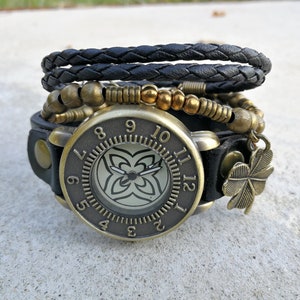 Lucky Watch armband Zwart lederen horloge voor vrouw polshorloge Klaver Boho horloge voor zuster cadeau liefde geschenken voor haar horloge met hanger