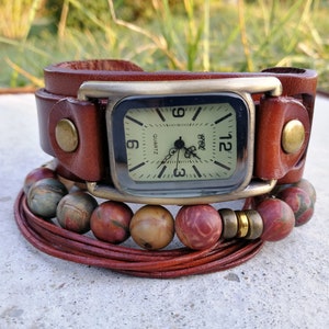Brown Cuff watch bracelet leather Cuff Watch Boho for Men Watch for Woman Leather Watch Unisex Wristwatch for Mom gift for Woman wristwatch