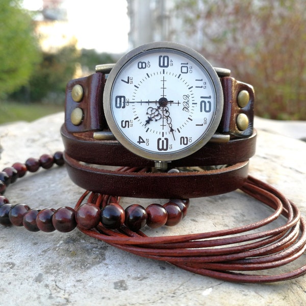 Reloj Brown Wrap para Mujer Reloj Hipster Reloj de cuero para hombres Reloj de dos envolturas Reloj de pulsera Para mujer Reloj de pulsera Unisex Regalo de aniversario