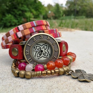 Bohemian Watch Bracelet Red Orange Boho Watch Red Leather Watches for Woman Four Leaf Clover Watch Ethnic Wrist Watch for Girls gift