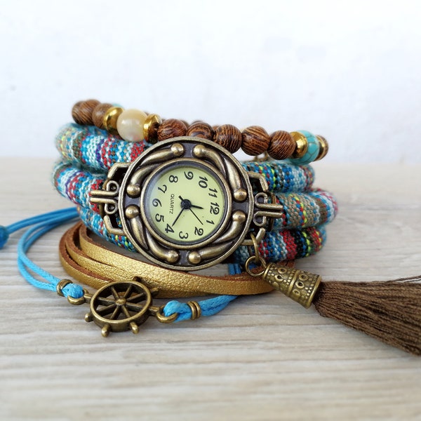 Blue Wrap Watch bracelet Blue Boho montre-bracelet Boho montre Boho style cadeau pour femmes Marine Watch Cadeau d’été pour ses accessoires de plage