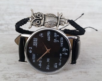 Math Watch with Black Leather Band Owl Bracelet Gift Set