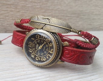 Red Vintage Watch Boho cow leather Watches for Women Xmas Gift