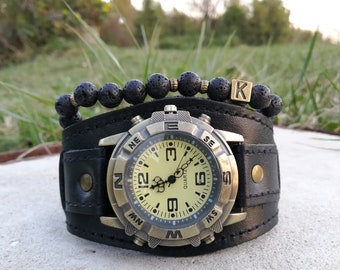 Black Leather cuff watch Personalized Custom Men Unisex wristwatch Large Face Rock Hipster watch
