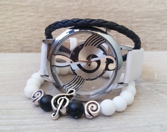 Reloj de música Reloj de cuero blanco Reloj de músico Joyería de música Reloj boho Reloj amante de la música Regalo de profesor de música para reloj de notas de músico