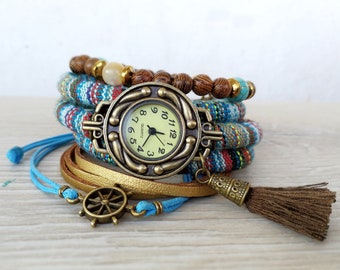 Blaue Wickeluhr Armband Blaue Boho Armbanduhr Boho Uhr Boho Stil Geschenk für Frauen Marine Uhr Sommer Geschenk für Sie Strand Accessoires